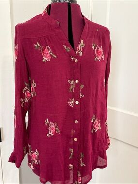 Embroidered Button-Down Blouse in Wine Pink